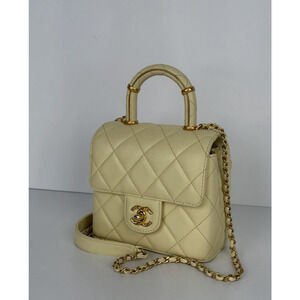 Chanel Crush Top Handle Mini Flap Bag in Pale Yellow or Ivory Leather D5